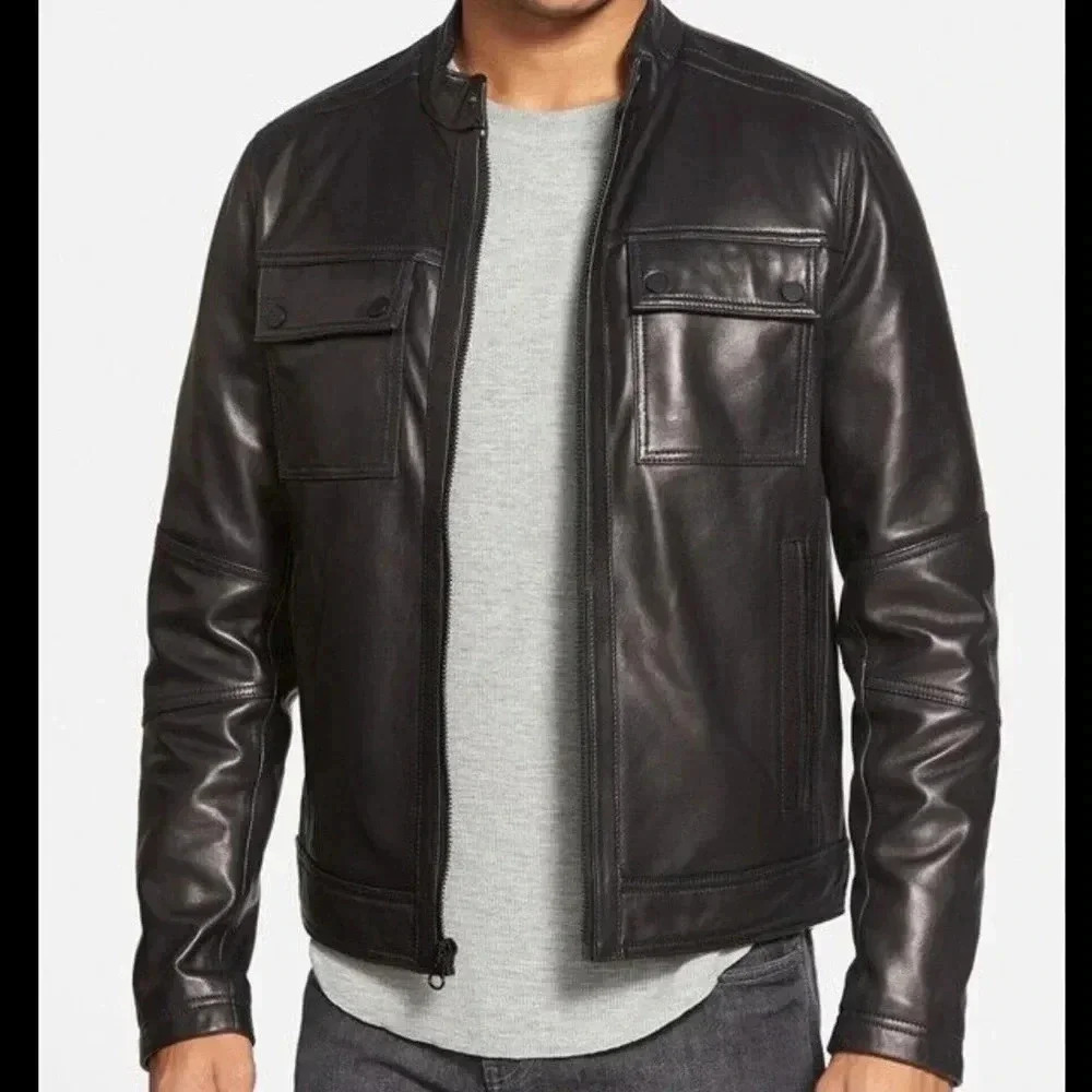 Black Rivet- Band Collar Leather Moto Jacket